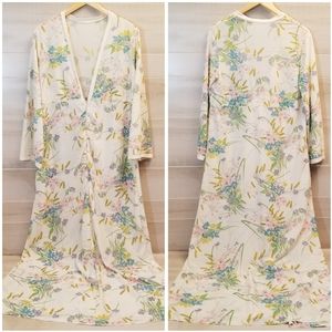 Vintage Floral Long Housecoat Robe in White with Blue, Pink & Green Accents